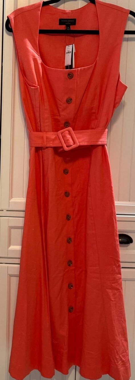 Banana Republic Linen-Blend Button Midi Dress coral sz 16 NWT